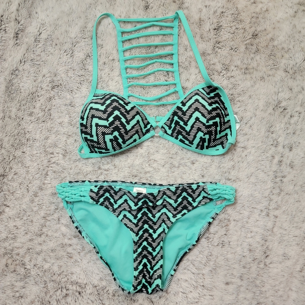 Damsel Zig Zag Bikini - Teal and Black - Top M Bottom S